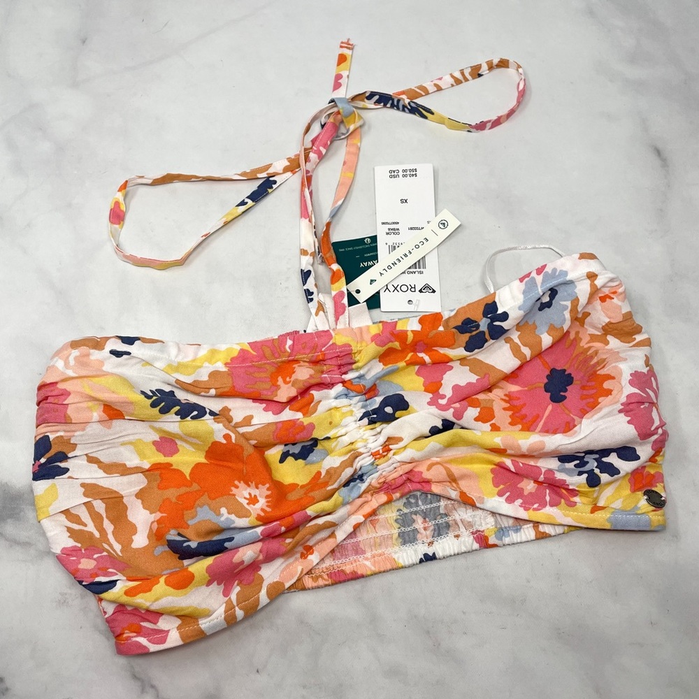 NWT Roxy Island Hops Floral Halter Tie Slouchy Tube Crop Top Boho Hippie XS